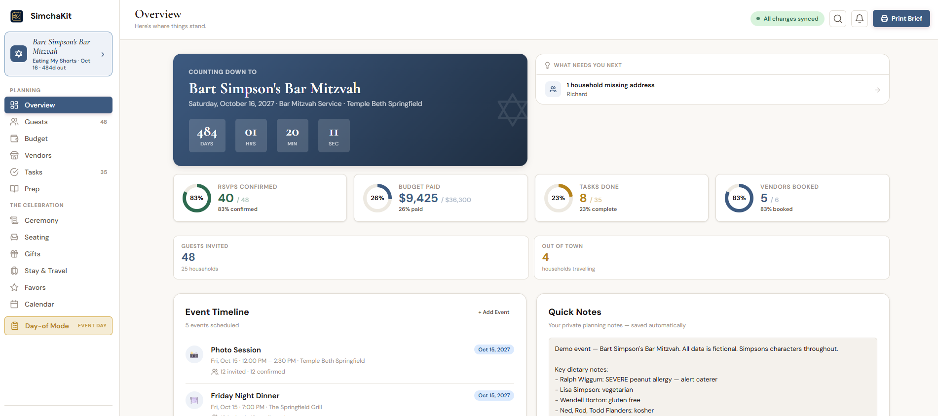 SimchaKit dashboard showing event overview with countdown, completion rings, focus panel, and timeline