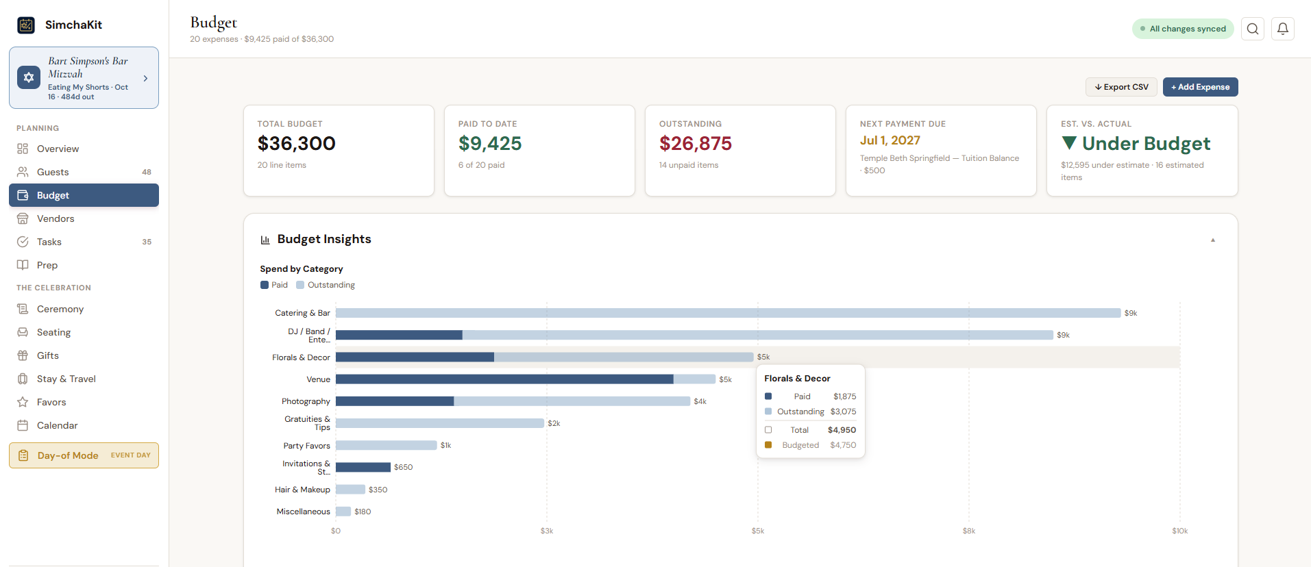 SimchaKit budget tracking with category chart, vendor expenses, and payment status