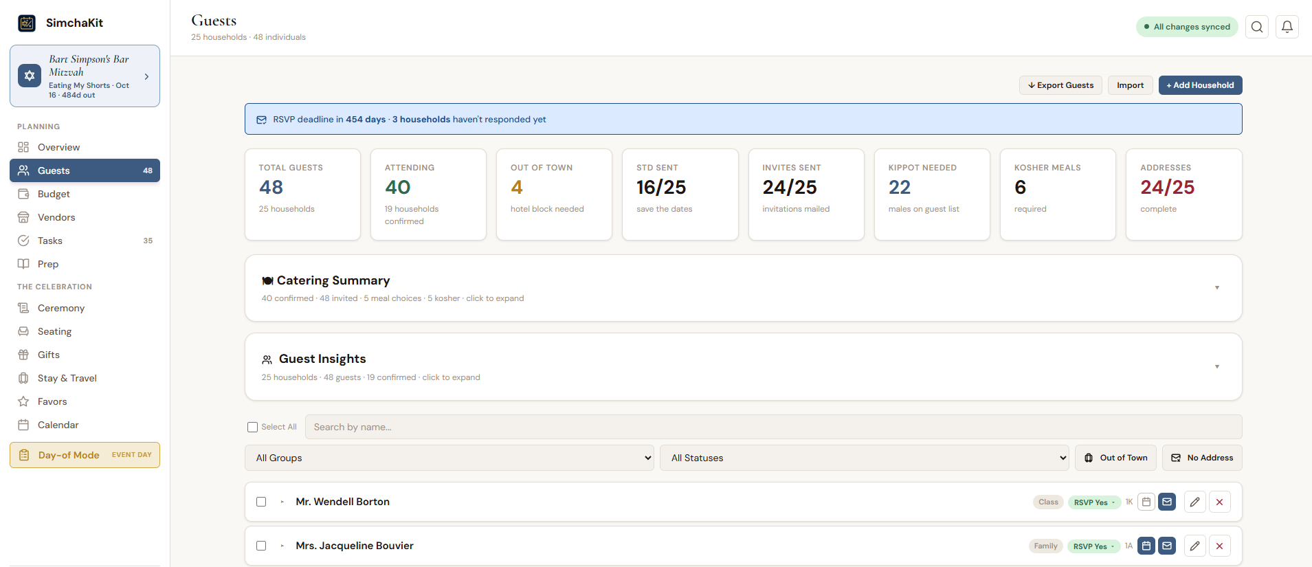 SimchaKit guest list showing household RSVPs, catering summary, dietary tracking, and guest insights